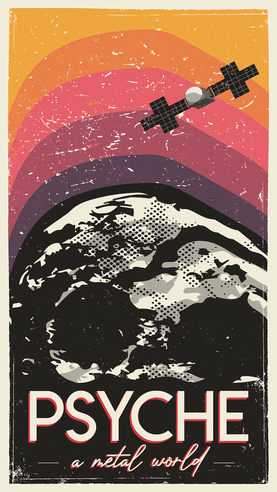 A vintage travel poster with an illustration of the Psyche asteroid.