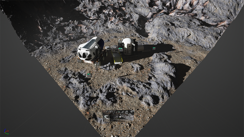 An overhead visualization of the Psyche asteroid.