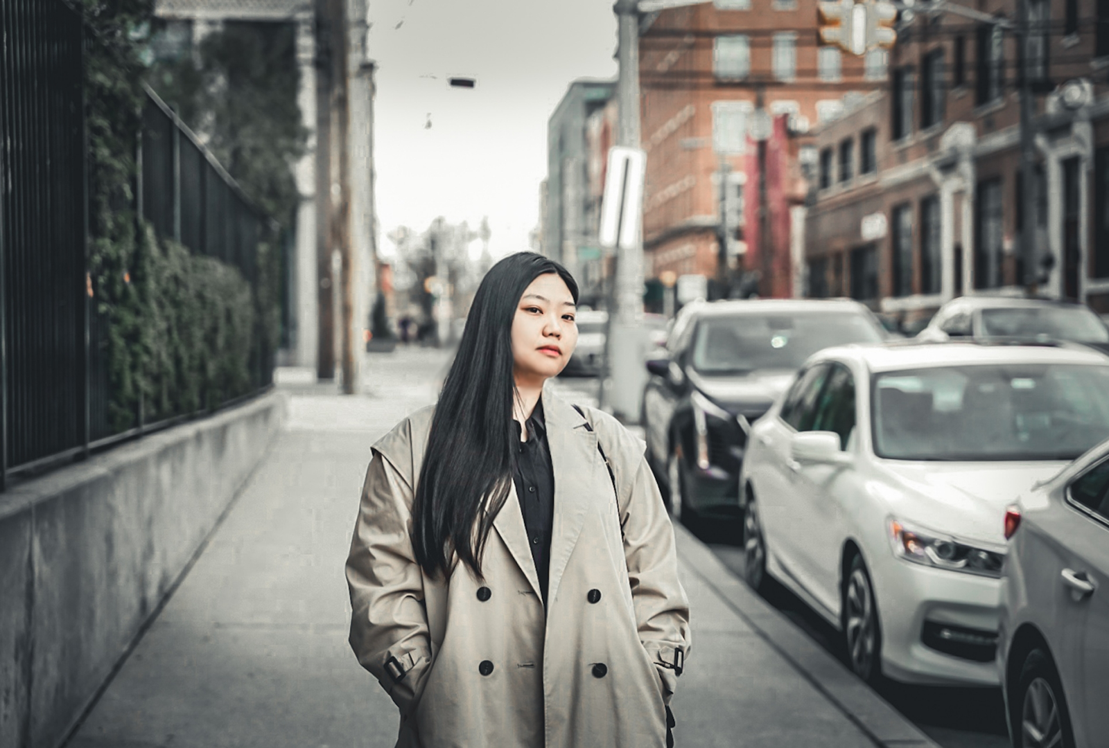 An environmental portrait of Nina Park set on public streets.