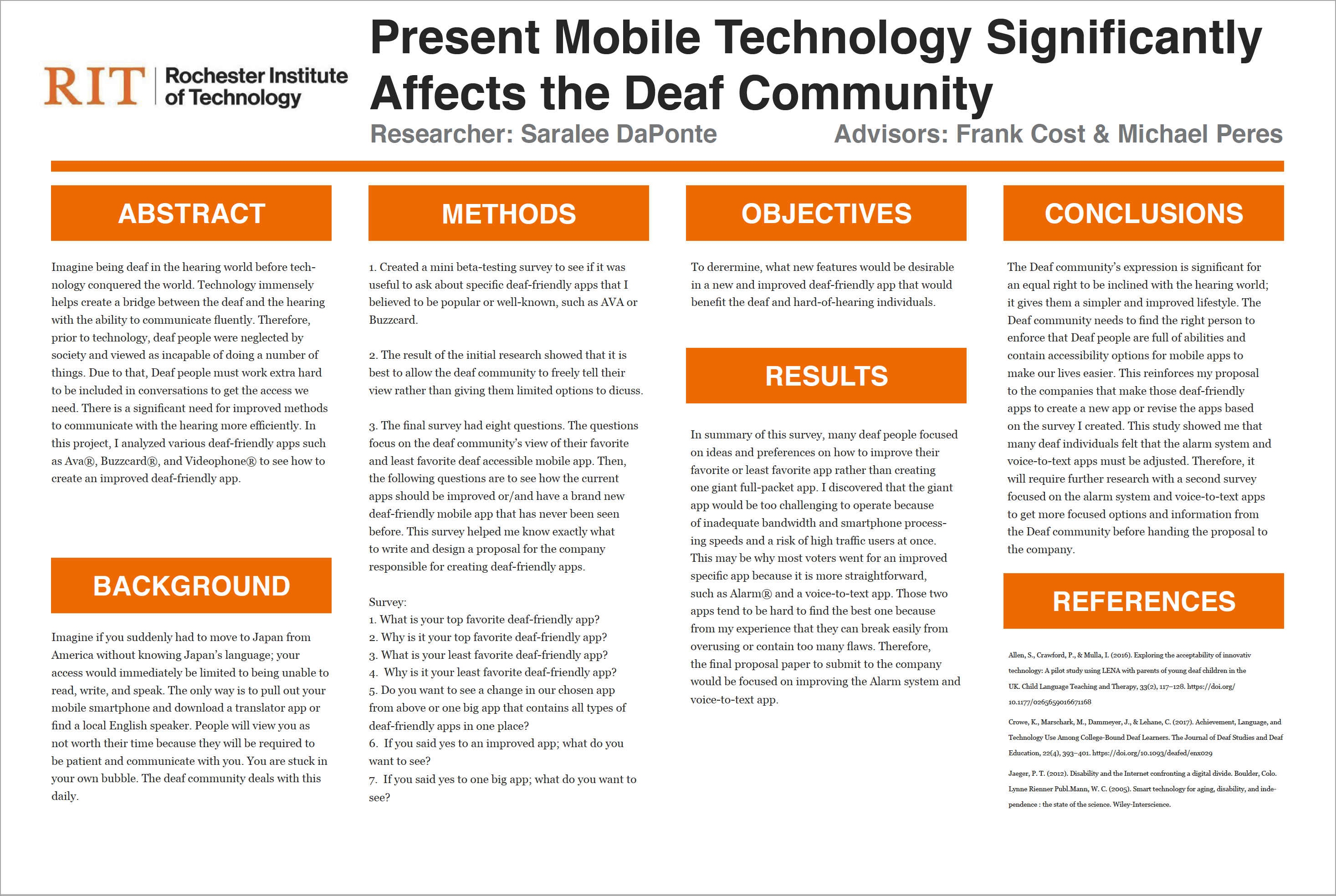 A poster highlighting research on how mobile technology significantly affects the Deaf community.