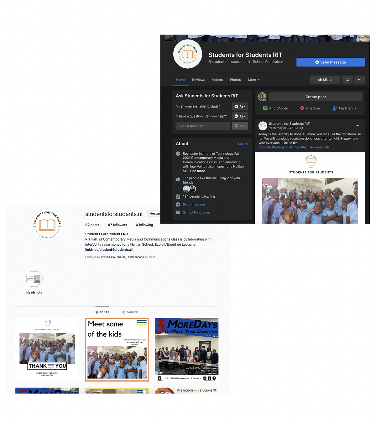 A screenshot of the social feeds for the Students for Students campaign.