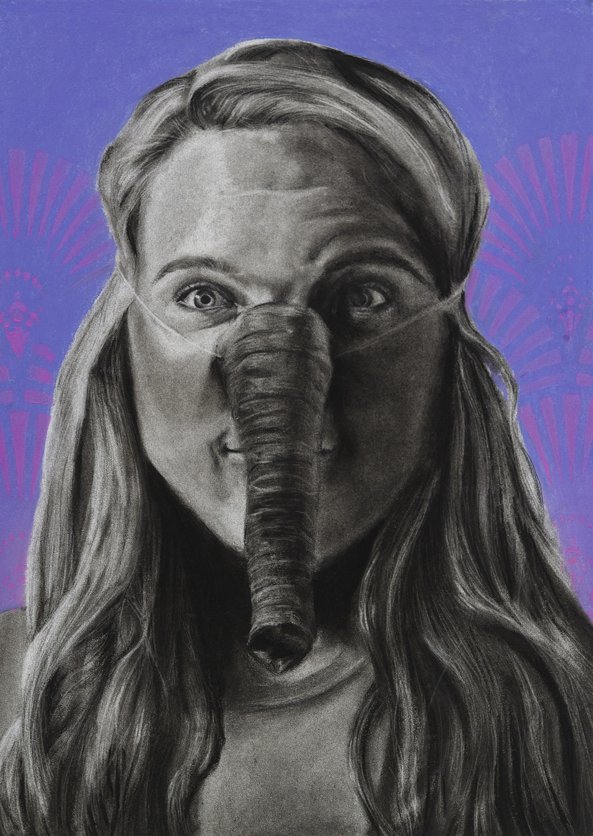 A self-portrait of a girl with an elephant trunk.