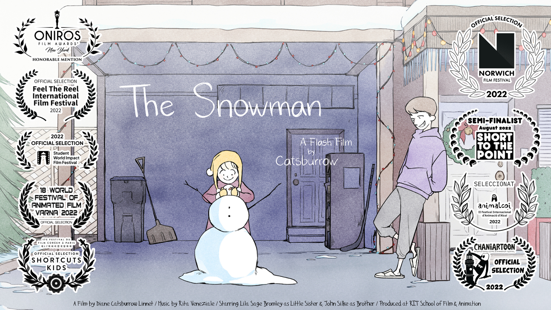 A poster for the film The Snowman, with laurels of the festivals it was accepted into.