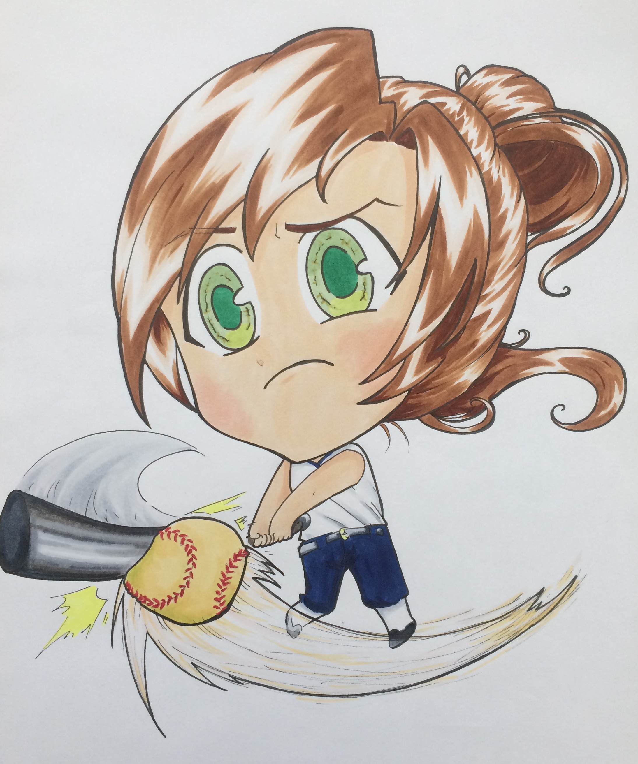 Cartoon drawing of softball players about to hit a ball