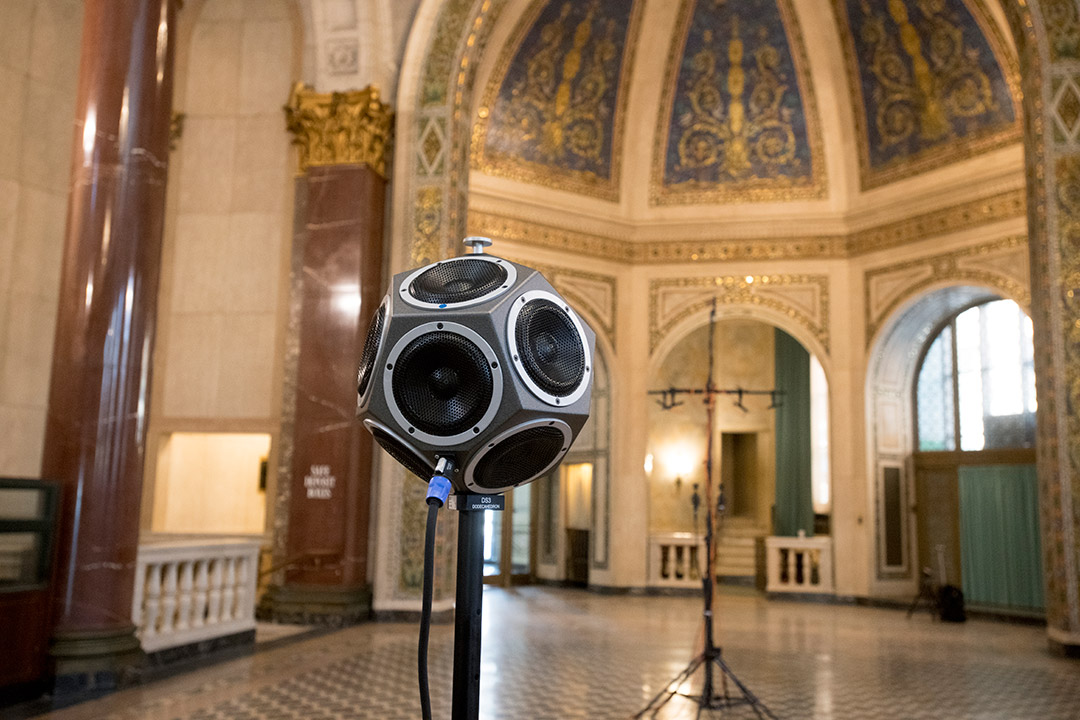 multi-sided speaker in a historic building.