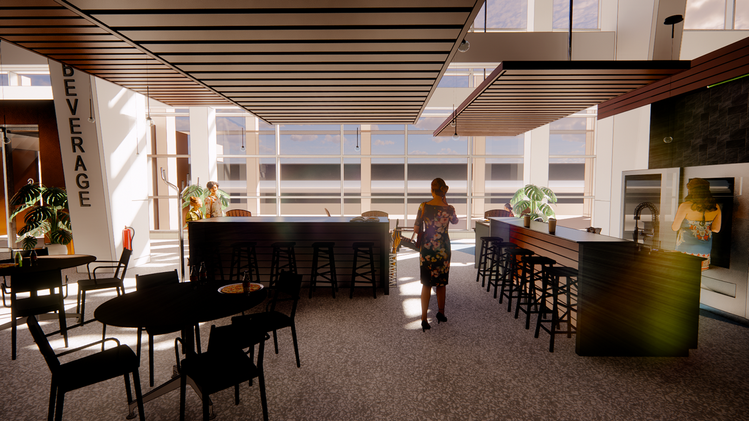 A rendering of a pre-security food and beverage space.