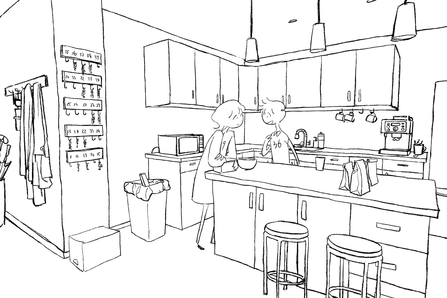 A 2D-animated scene in a kitchen.
