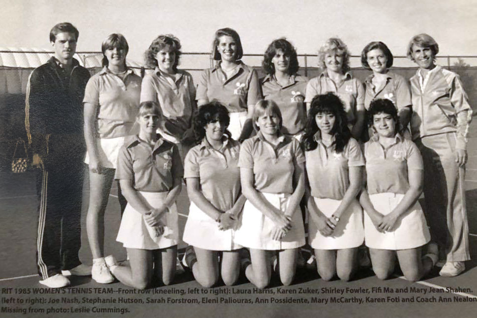 Team shot of 1985 women's tennis team.