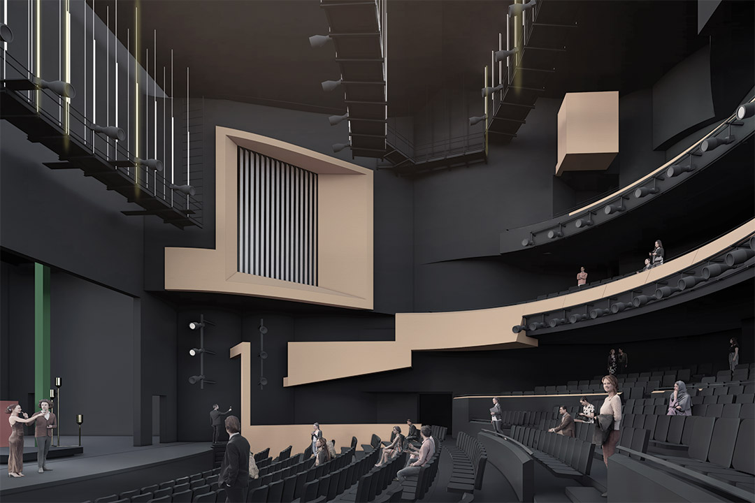 artist rendering of an auditorium with a stage, lighting, and seating.