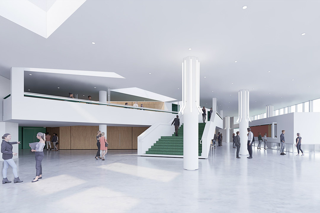 a modern lobby with white walls, ceiling and floor.