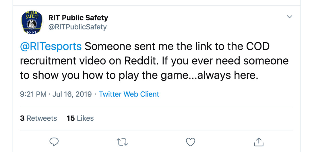 Tweet from @RITPublicSafety: Someone sent me the link to the COD recruitment video on Reddit. If you ever need someone to show you how to play the game... always here.