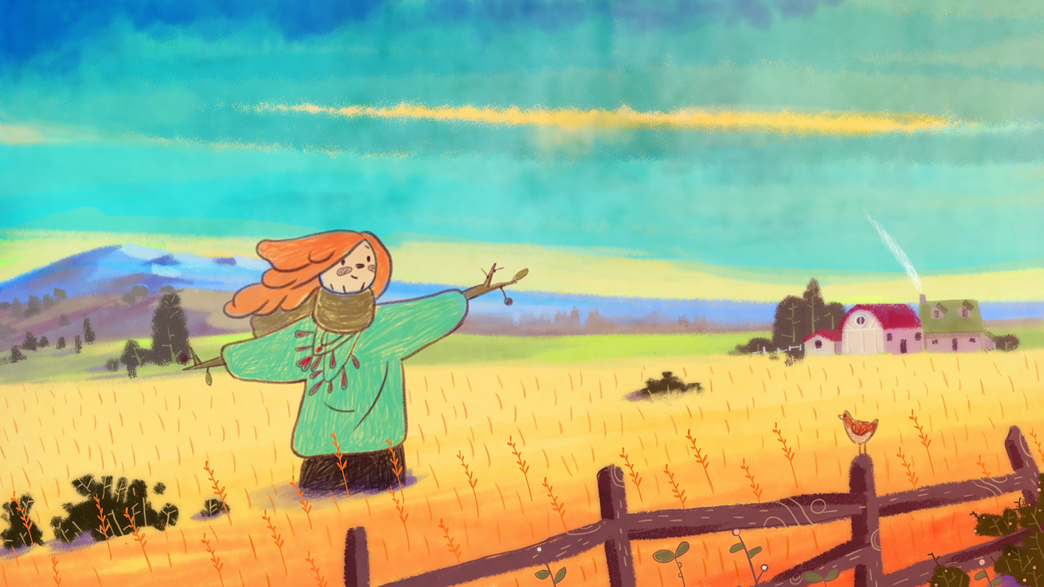 Animated scarecrow stands in a field