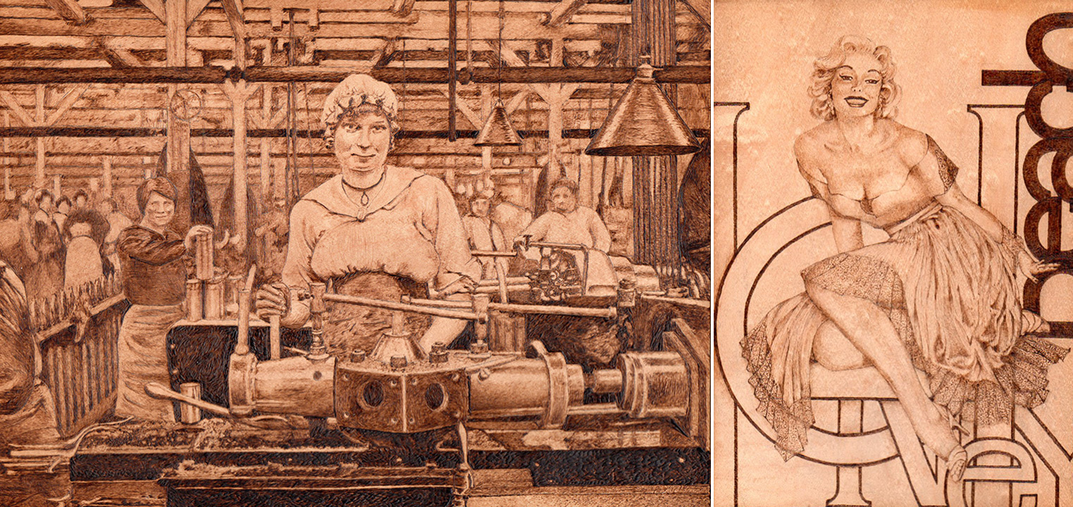side-by-side art pieces of burned wood, one of a woman working during World War one in an arms factory and the other of a pin-up girl.