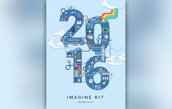poster for Imagine R I T with a Rube Goldberg machine inside of the year 20 16.