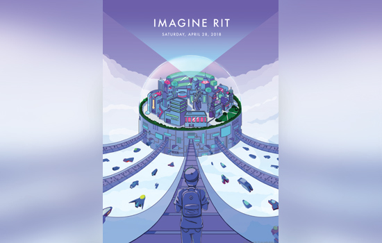 The winning poster for the 2018 Imagine RIT, Text that says "Imagine RIT" at the top.