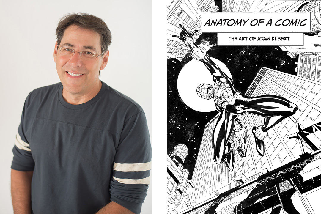 On the left, a portrait photo of Adam Kubert. On the right, a comic snippet of Spiderman using webs to swing from building to building with a text box which says "Anatomy of a Comic: The Art of Adam Kubert." 
