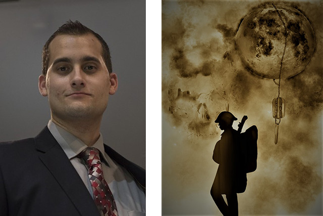 On the left is a headshot of Matt Altobelli. On the right is the cover art for his book, which features the silhouette of a solider and a moon with dog tags hanging from it.