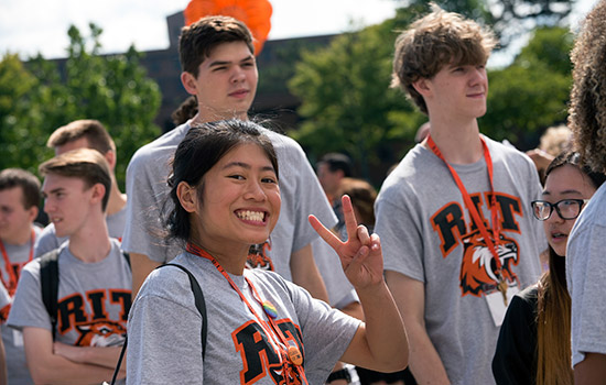 New students walking down pathway