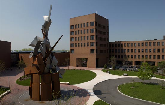 Picture of large statue in front of brick buildings