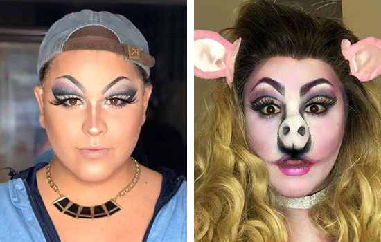 Side by side images of a person wearing two different makeup looks.