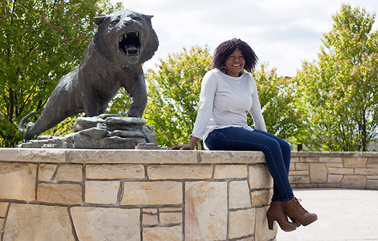 Person posing near tiger statue