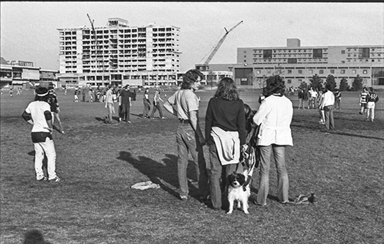 People gathered on field watching building construction