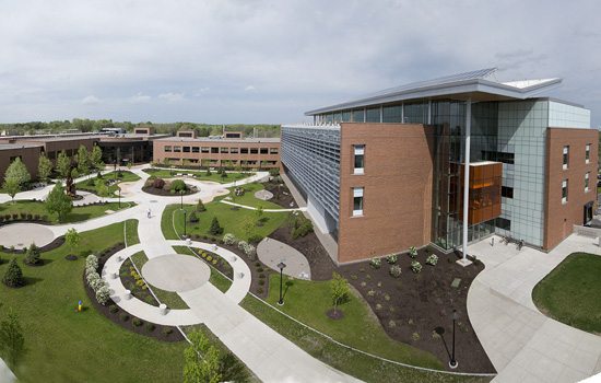 aerial view of campus buildings and grounds.
