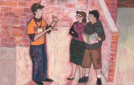 Drawing of student talking to family