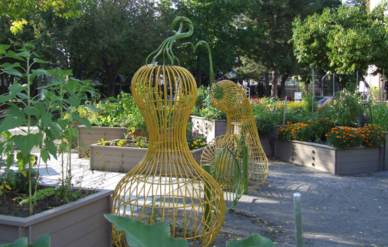 Yellow sculptures in garden