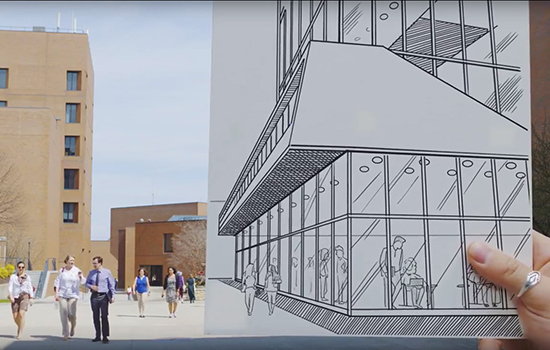 Drawing of RIT new building idea compared to actual campus.