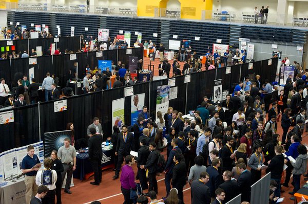 Aerial shot of students dressed up for career fair.