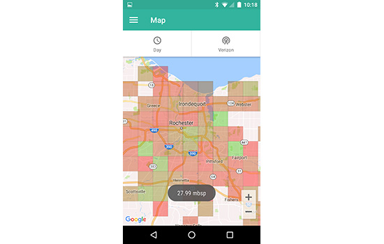 A screenshot of the app, which shows a map of Rochester with red and green areas showing high and low download speeds.