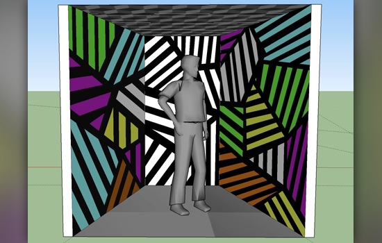 an image of a 3 D person standing in a room with colorful geometric shapes and black lines.