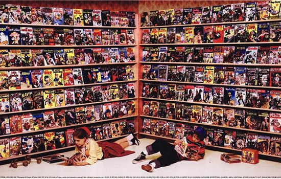 People reading in front of bookshelf