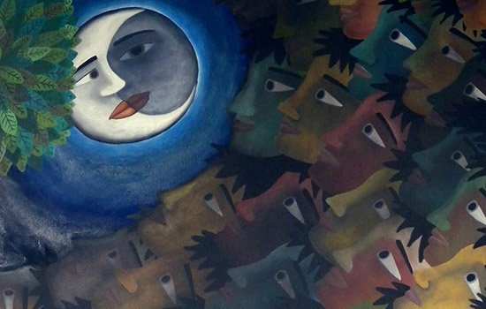 Painting of Faces looking up at the moon