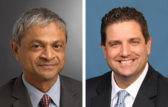 Two headshots of people in suits.