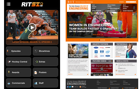 Front pages of the RIT SportzZone app and the Kate Gleason College of Engineering webpage