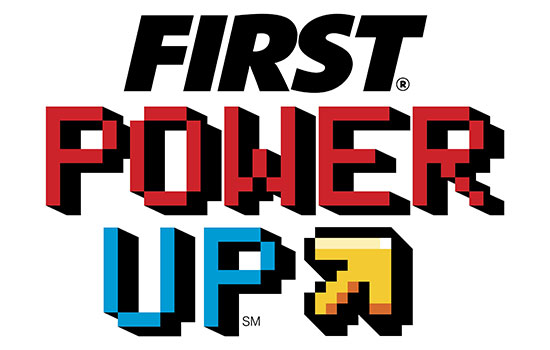 Text saying "First Power Up" with an arrow pointing up.
