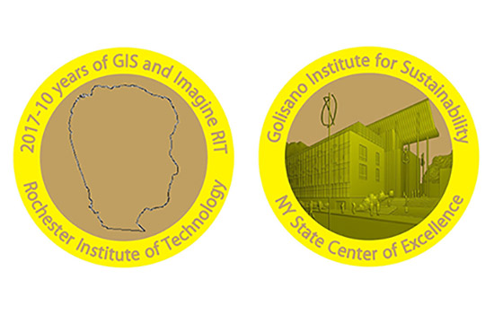 Two emblems for "2017-10 years of GIS and Imagine RIT" and "Golisano Institute for Sustainability"