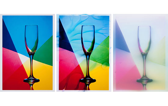 Three pictures of glass in front of colored background
