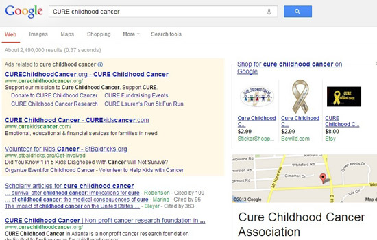 Picture of google results for "CURE childhood cancer"