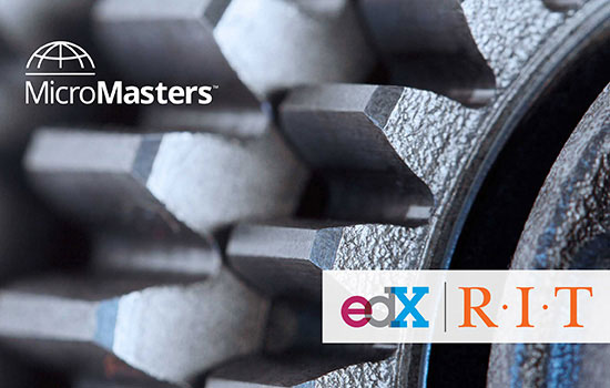 Image of gears with text, "MicroMasters" and "edX RIT".