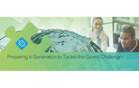 Poster displaying "Preparing a Generation to Tackle the Grand Challenges" and people looking at globe