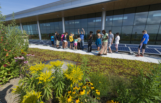 People looking at solar panels on a roof