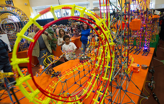 festival goers looks at a roller coaster made of K-nex.