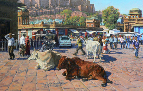 Painting of cows on street