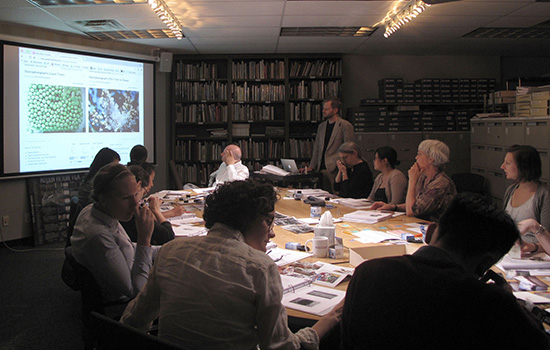 people gathered around table watching presentation