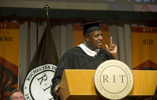 Professor giving speech at podium