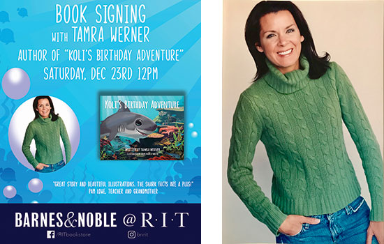 Blue flyer for book signing and a headshot of Tamra Werner.