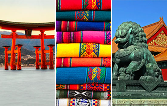 The photo is split into three vertical sections. The left section features a red, Japanese Torii, the middle is a close up photo of colorful, embroidered Spanish fabric stacked on top of  each other, and the third is a photo of a Chinese guardian lion.